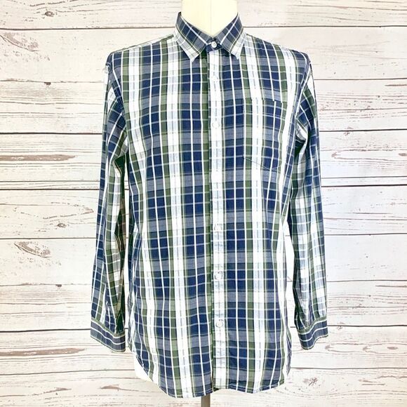 Eddie Bauer| long sleeve button down M plaid ,cream,green,blue, - Picture 1 of 5